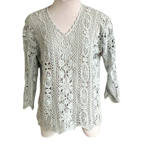 Vintage Light Mint Green Hand Knit Lace Crochet Pullover Sweater - Picture 1 of 8